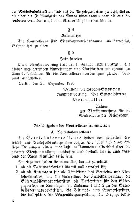 Dienstanweisung Kontrolleure der Reichsbahndirektionen