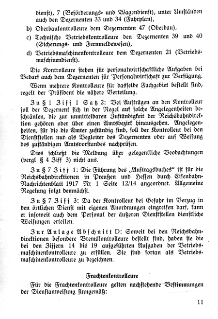 Dienstanweisung Kontrolleure der Reichsbahndirektionen