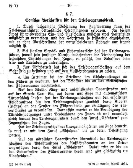 Dienstvorschrift Bedienung der Triebfahrzeuge der Bauart Stadtbahn