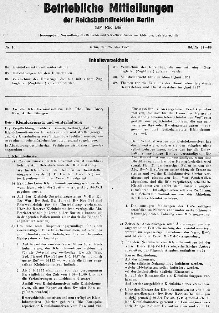 Betriebliche Mitteilung der Rbd Berlin zum Kleinlokeinsatz